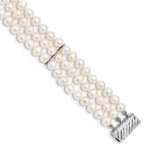 Sterling Silver Rhodium-plt 6-7mm White FWC Pearl 3 Strand Bracelet